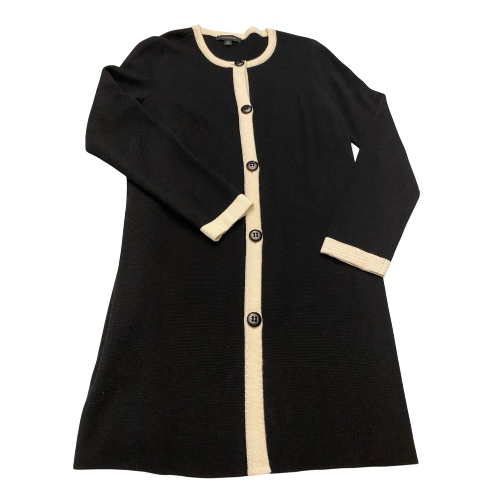 Ann Taylor Longline Cardigan Sweater Small S Black Ivory Contrast Trim Wool